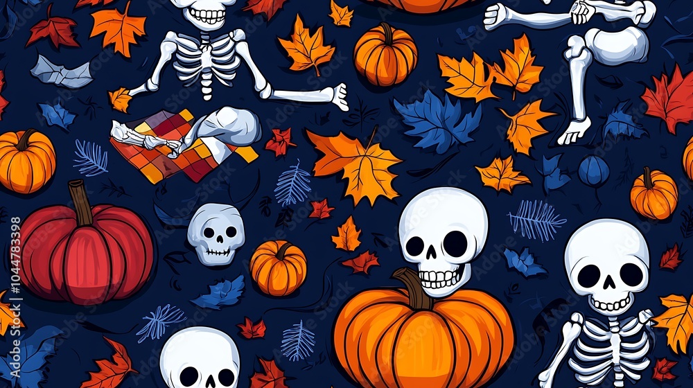 Fun Skeletons Enjoying a Picnic Among Pumpkins Fun Skeletons Enjoying a Picnic Among Pumpkins