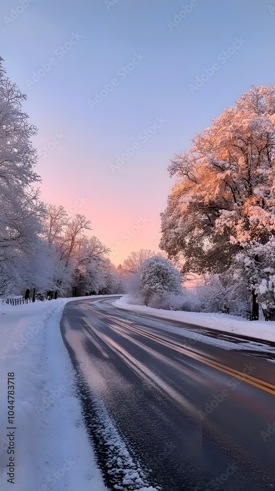 A snowy road with trees covered in snow along the sides, an empty asphalt highway, and trees on both sides at sunrise A snowy road with trees covered in snow along the sides, an empty asphalt highway, and trees on both sides at sunrise