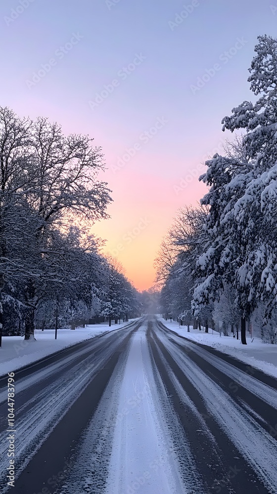 Fototapeta premium A snowy road with trees covered in snow along the sides, an empty asphalt highway, and trees on both sides at sunrise