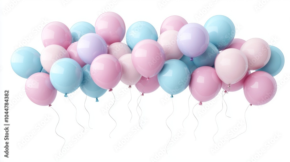 Floating array of pastel and neon balloons, sharp focus, isolated on a pure white background, minimalistic yet playful composition