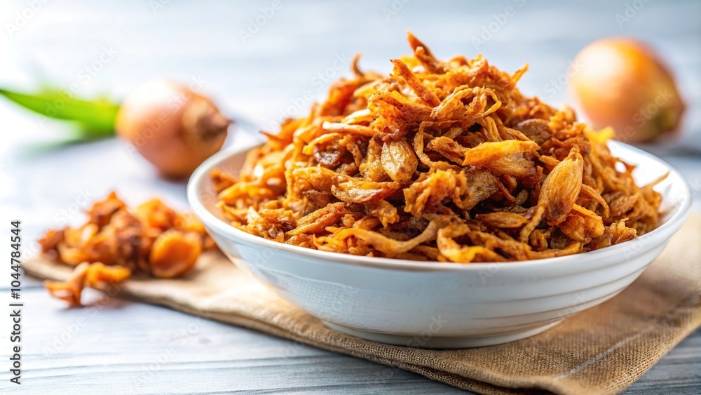 Selective focus of Indonesian crispy deep fried shallots or onion flakes on white background Selective focus of Indonesian crispy deep fried shallots or onion flakes on white background