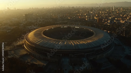 Breathtaking Aerial Perspective of a Stadium Bathed in Golden Sunset Glow Against the City Skyline and Mountains in the Background