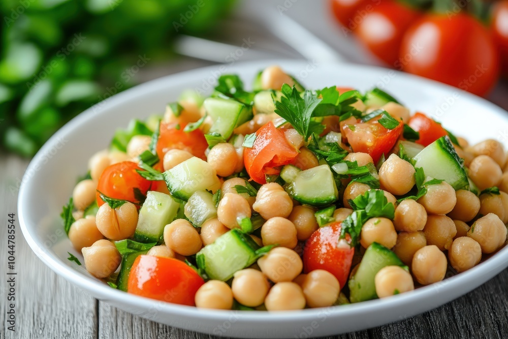 Chickpea Salad: Fresh Green Salad with Chickpeas, Tomato, and Cucumber for Healthy Diet Chickpea Salad: Fresh Green Salad with Chickpeas, Tomato, and Cucumber for Healthy Diet