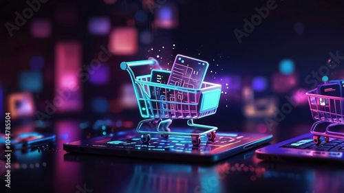 showcasing a virtual shopping concept The central subject is a large, neon blue shopping cart icon,