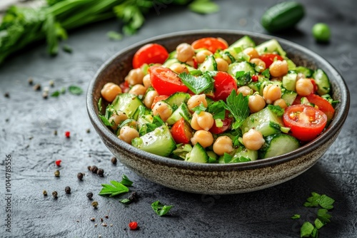 Chickpea Salad. Fresh and Healthy Nourishing Salad with Tomatoes and Cucumbers