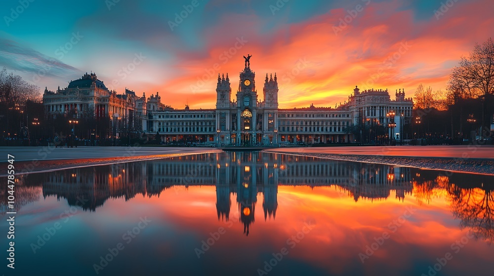 Obraz premium Stunning sunset over a historic building reflected in a serene pond.