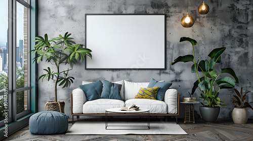 Blank wooden picture frame mockup on wall in modern interior. Horizontal artwork template mock up for artwork, painting, photo or poster in interior design