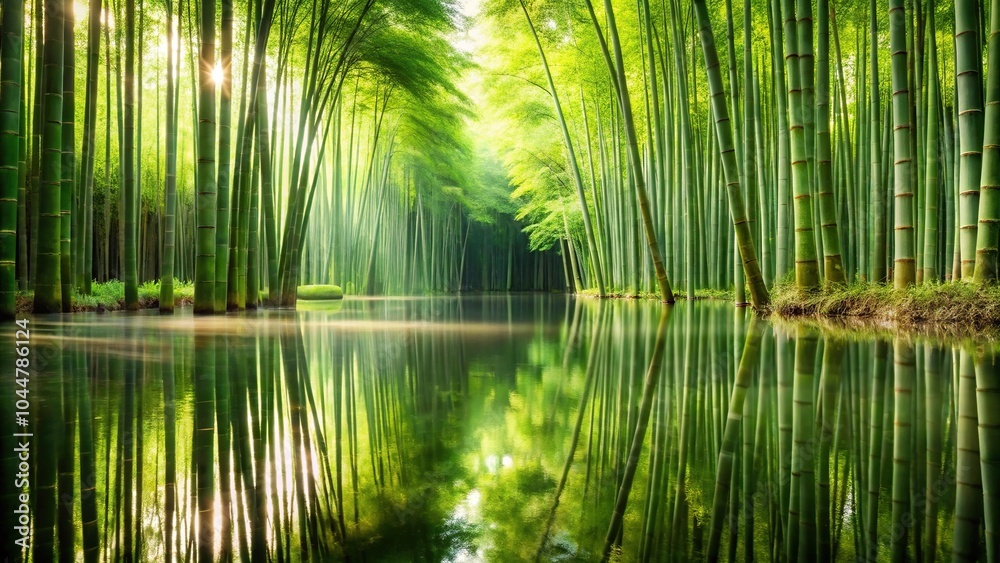 Fototapeta premium Serene bamboo forest with straight stalks reflected in water