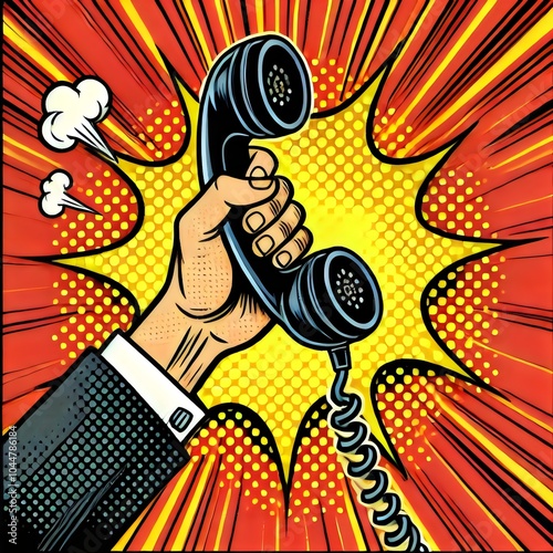 A dynamic pop art-style image of a hand gripping a vintage telephone receiver, with an explosive comic-book background in bold red and yellow tones