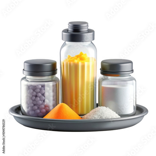 A 3D render of four containers filled with different ingredients on a gray tray. Includes colors and textures related to food preparation. photo