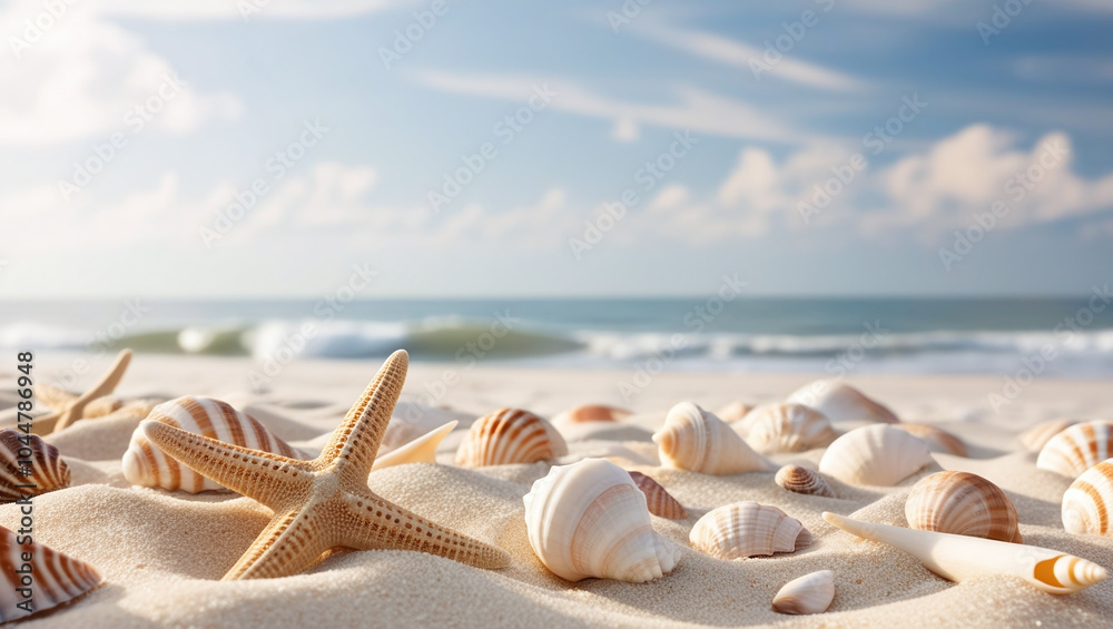 Ocean Sea Shore Coast with Starfish and Seashells on the Beach during Sunny Summer Vacation Day at Paradise Island Ocean Sea Shore Coast with Starfish and Seashells on the Beach during Sunny Summer Vacation Day at Paradise Island