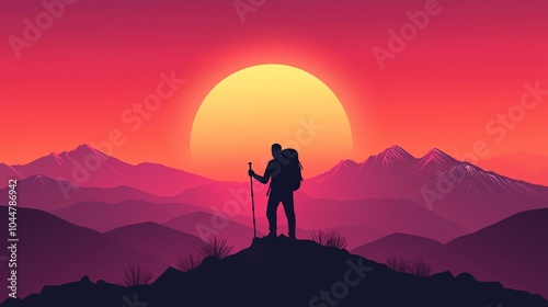 Silhouette of a hiker on a mountain peak at sunset, surrounded by vibrant colors and majestic mountains.