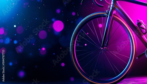 Stylish bicycle wheel illuminated by vibrant neon lights in a colorful, abstract background.