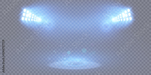 Spotlight effect. Stage lighting with bright LED strobe lights. Spotlights on a transparent background.