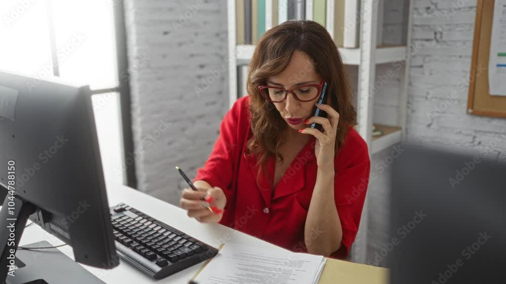 Woman working in an office while talking on the phone and taking notes at the desk featuring computer screen and documents visible in the modern workplace Woman working in an office while talking on the phone and taking notes at the desk featuring computer screen and documents visible in the modern workplace
