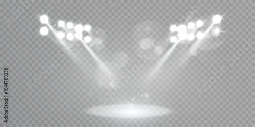 Spotlight with bright white light beams and glare for lighting stages and stadium stands. Light projection studio beams for lighting concert stages, club shows. Vector