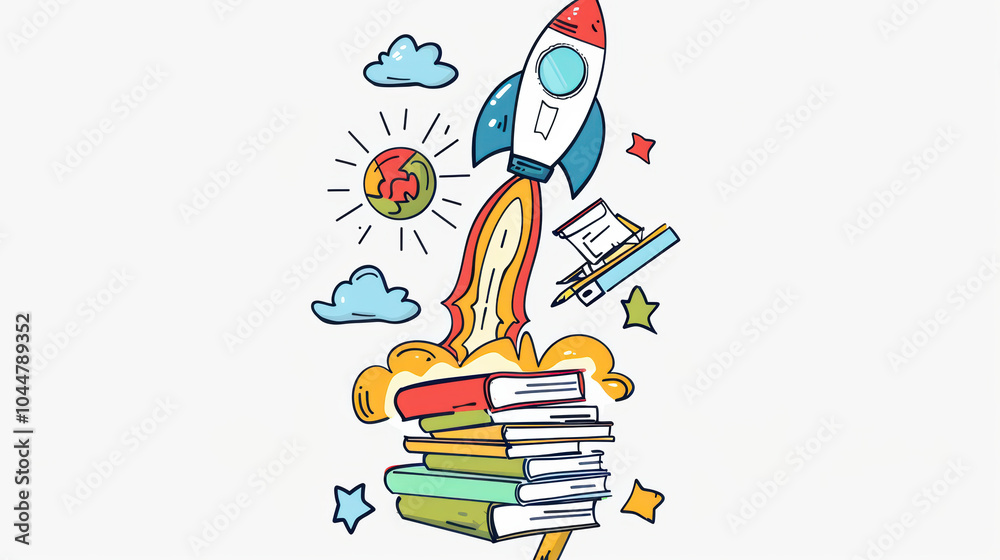 colorful illustration of rocket launching from stack of books, symbolizing creativity and ideas. scene includes clouds, stars, and planet, evoking sense of adventure and inspiration colorful illustration of rocket launching from stack of books, symbolizing creativity and ideas. scene includes clouds, stars, and planet, evoking sense of adventure and inspiration