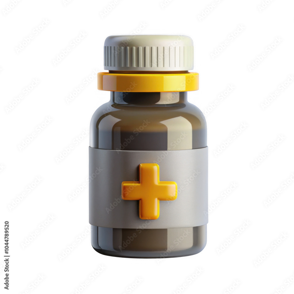 A 3D rendered medicine bottle featuring a yellow cap and a bold cross on its label, designed for healthcare and pharmaceutical contexts.