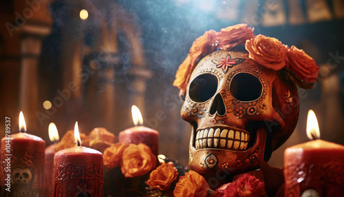 A Day of the Dead skull ornament surrounded by candles and marigolds.