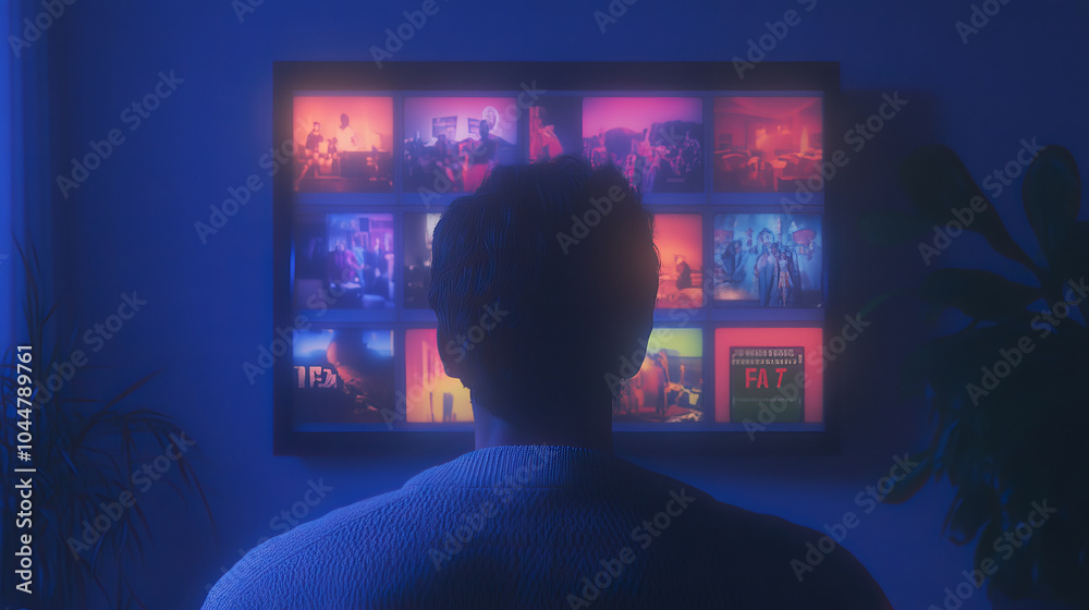A person is immersed in colorful display of images on television screen, creating captivating atmosphere. soft lighting enhances mood, making it perfect setting for relaxation and entertainment A person is immersed in colorful display of images on television screen, creating captivating atmosphere. soft lighting enhances mood, making it perfect setting for relaxation and entertainment