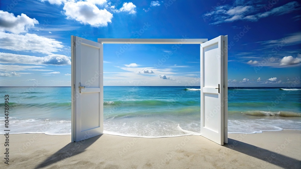 Silhouette on the azure seashore with open white doors Silhouette on the azure seashore with open white doors