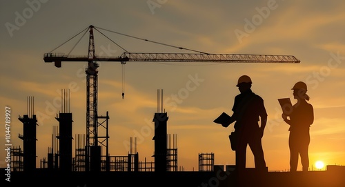 Construction Workers Silhouette at Sunset with Crane. Silhouettes of two construction workers in hard hats stand against an orange sunset sky, a large crane behind them and a partially built structure