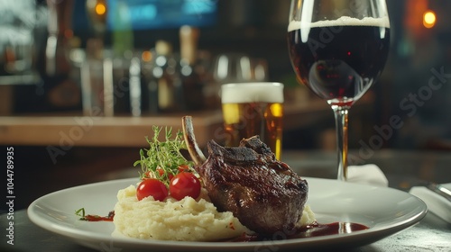 A blurred pub background, a rack of lamb with mashed potatoes and cherry tomatoes, a glass of red wine, and craft beers during a steakhouse supper.