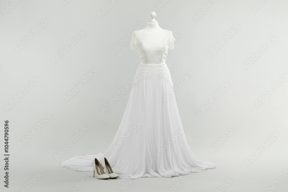 Mannequin with beautiful wedding dress and shoes on light grey background Mannequin with beautiful wedding dress and shoes on light grey background