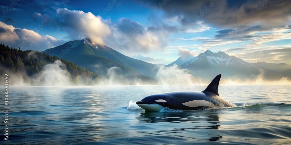Fototapeta premium Silhouette Orca whale surfacing in ocean with misty coastal background
