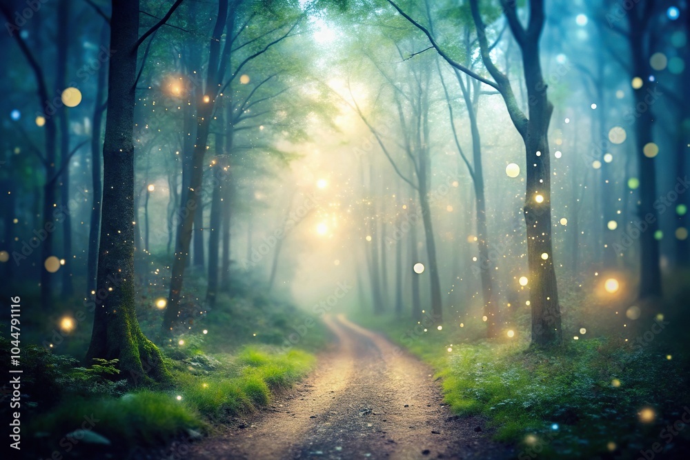 Naklejka premium Serene misty forest trail with glowing particles silhouette