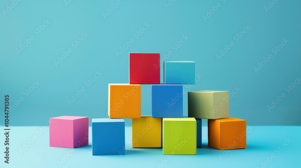 Obraz premium Colorful blocks stacked creatively against blue background, showcasing vibrant and playful arrangement. This captures essence of creativity and fun in business concept