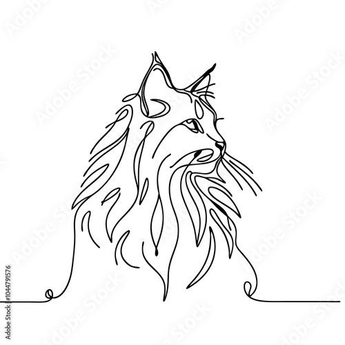 Maine Coon cat in a minimalist line art style showcasing its luxurious fur on a transparent background