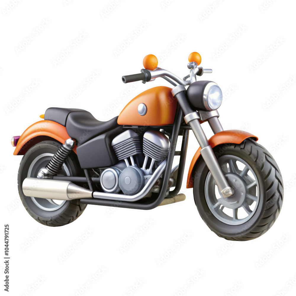 A 3D-rendered motorcycle model featuring an orange body, chrome details, and a black seat. This stylish bike is showcased against a transparent background. A 3D-rendered motorcycle model featuring an orange body, chrome details, and a black seat. This stylish bike is showcased against a transparent background.