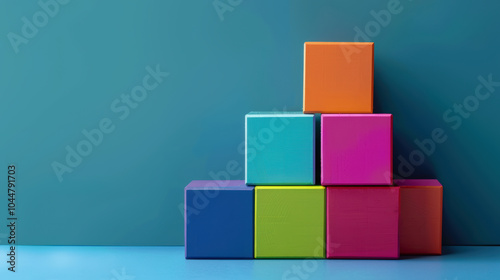 Colorful blocks stacked creatively against teal background, showcasing vibrant and playful arrangement. This evokes sense of fun and creativity