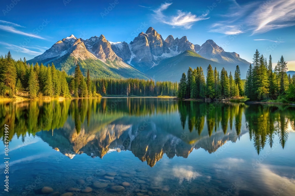 Serene mountain lake with reflections of peaks Serene mountain lake with reflections of peaks