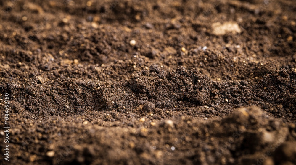 Close-up of rich, dark soil with texture and small particles visible. Close-up of rich, dark soil with texture and small particles visible.