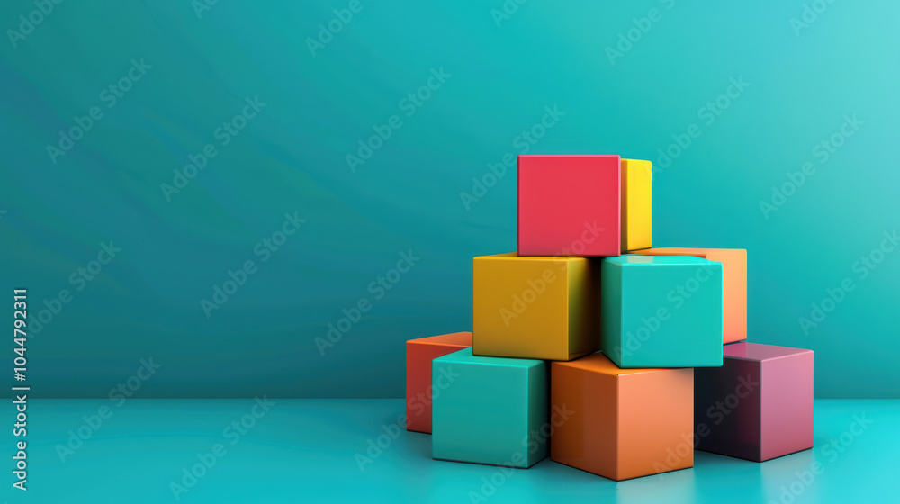 Colorful blocks stacked creatively against vibrant turquoise background, showcasing playful and modern design. This captures essence of creativity and innovation Colorful blocks stacked creatively against vibrant turquoise background, showcasing playful and modern design. This captures essence of creativity and innovation