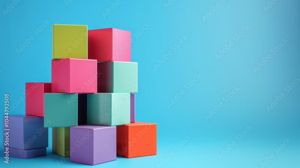 Colorful blocks stacked against vibrant blue background create playful and creative business concept. This evokes sense of innovation and fun in design Colorful blocks stacked against vibrant blue background create playful and creative business concept. This evokes sense of innovation and fun in design
