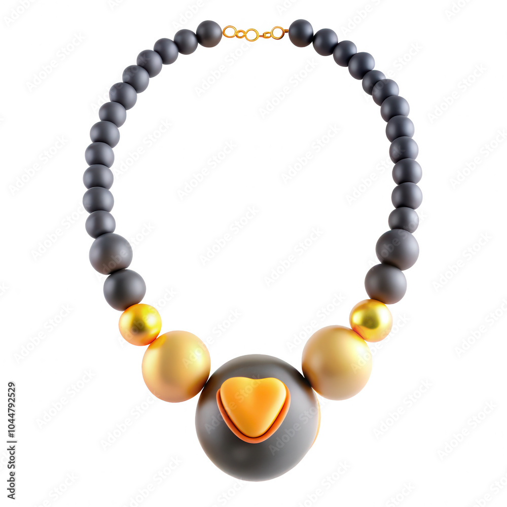 Obraz premium This image showcases a beautiful 3D necklace with black, gold, and heart-shaped elements, providing a stunning decorative piece. Perfect for fashion lovers.