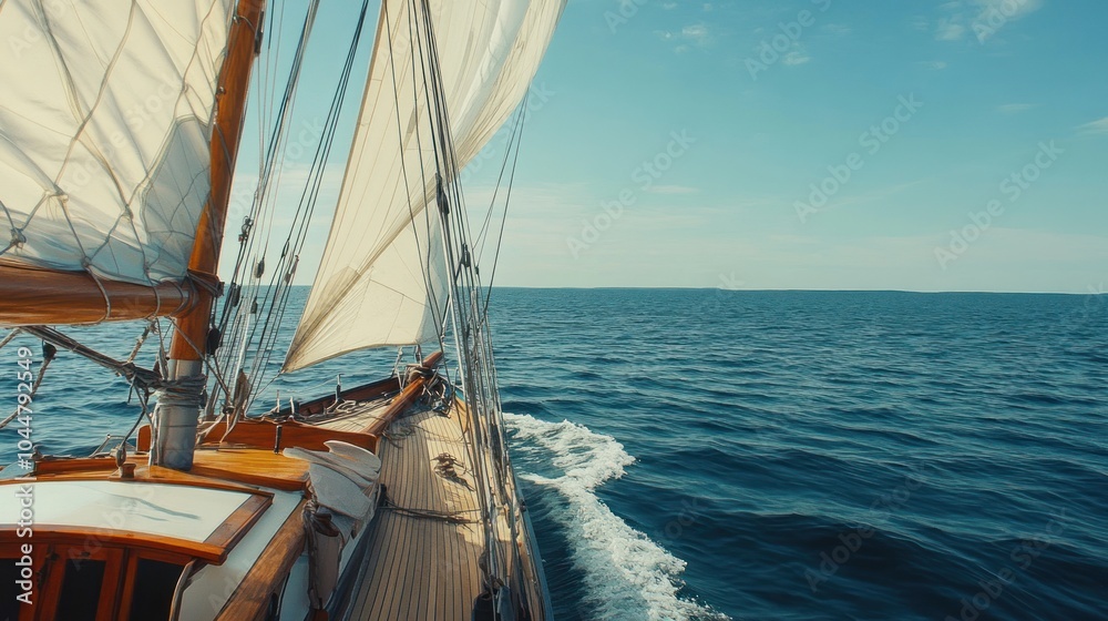 A sailboat gliding through calm waters under a clear blue sky. A sailboat gliding through calm waters under a clear blue sky.