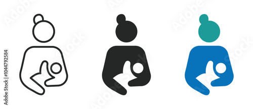 Breastfeeding vector icons. Mother feeding breast milk to baby sign
