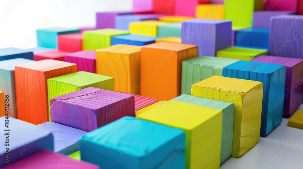 Obraz premium Colorful blocks create vibrant and playful scene, showcasing variety of shapes and hues that inspire creativity and imagination. arrangement invites exploration and fun