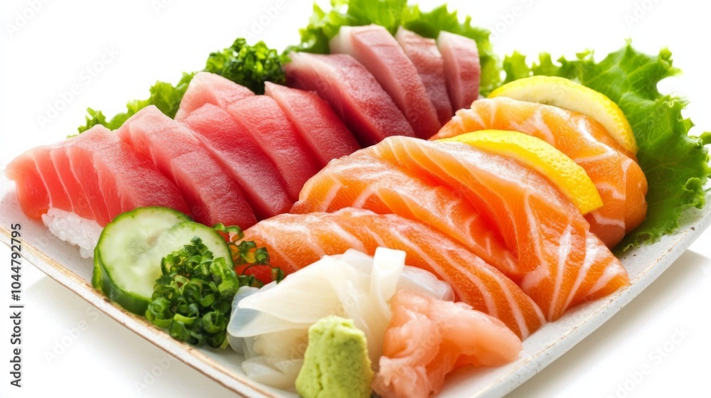 Fresh Sashimi Selection on White Plate with Wasabi Fresh Sashimi Selection on White Plate with Wasabi