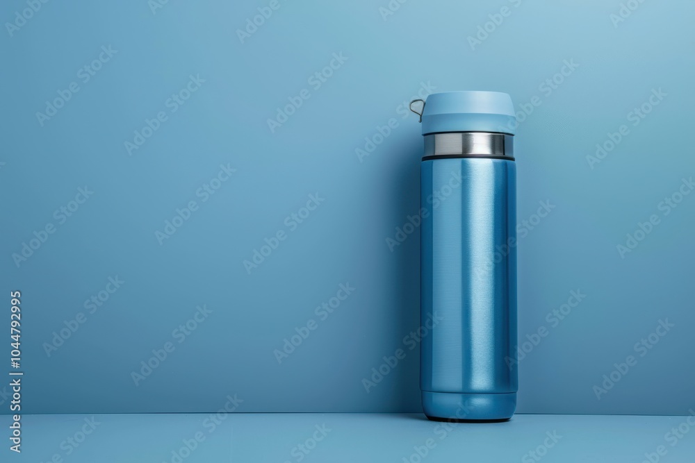 Blue stainless steel water bottle against a light blue backdrop on a simple surface Blue stainless steel water bottle against a light blue backdrop on a simple surface