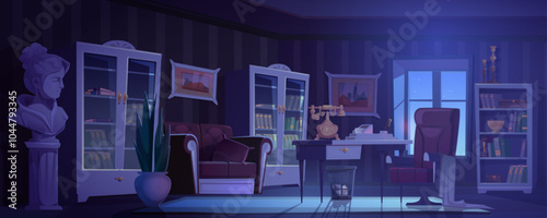Cartoon cozy dark night office interior with soft sofa and chair, wooden desk with vintage telephone, bookshelves filled with books, bust sculpture and plant in pot, large windows reveal night sky.