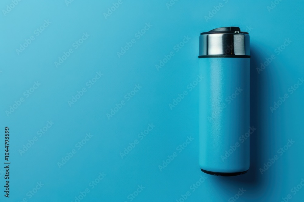 Blue insulated travel mug on a solid blue background Blue insulated travel mug on a solid blue background