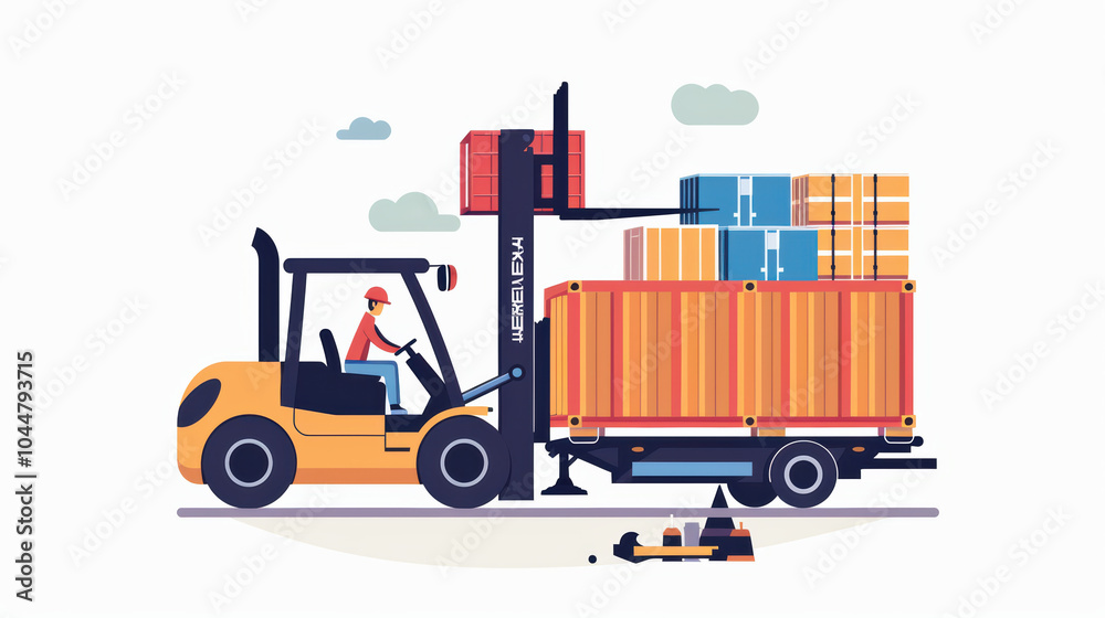 Naklejka premium Efficient warehouse operations are depicted with forklift loading boxes onto truck, showcasing busy logistics environment. scene emphasizes teamwork and productivity