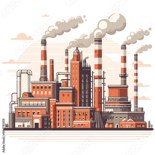 Industrial factory illustration with smokestacks, orange and gray, environmental concept art