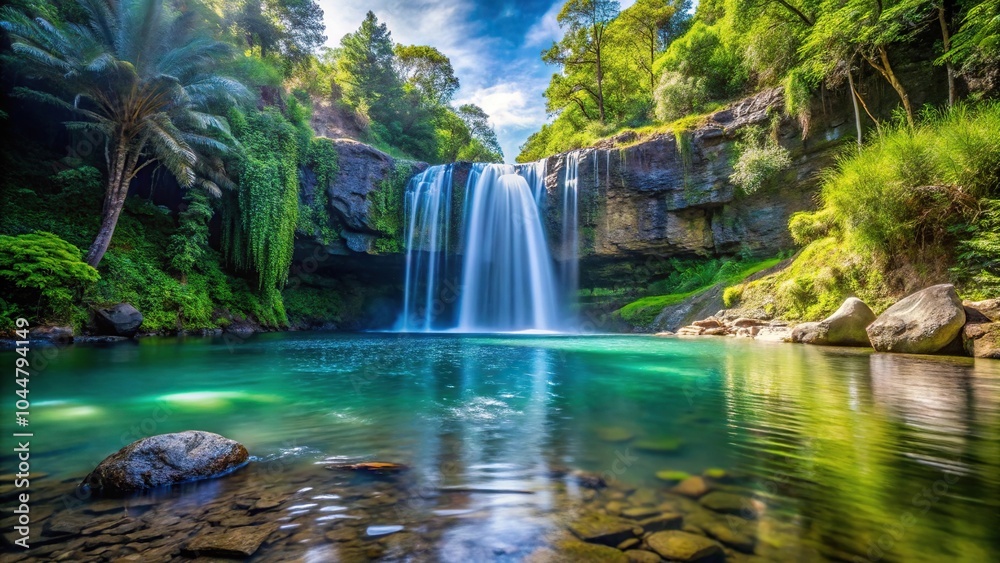 Serene waterfall cascading into a clear pool Worm's Eye View Serene waterfall cascading into a clear pool Worm's Eye View