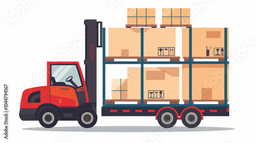 red forklift is lifting stacked boxes on flatbed trailer, showcasing busy logistics scene. image conveys efficiency and organization in transportation and storage